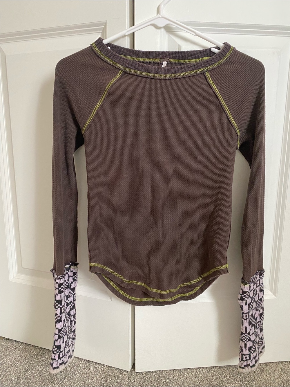 Free People Brown Long-Sleeve Thermal Top with Printed Cuffs